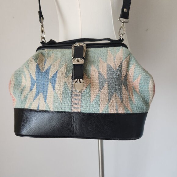 Vintage Mexican Handcraft Leather Woven-Wool Carpet Southwest Satchel Handbag - Picture 5 of 16